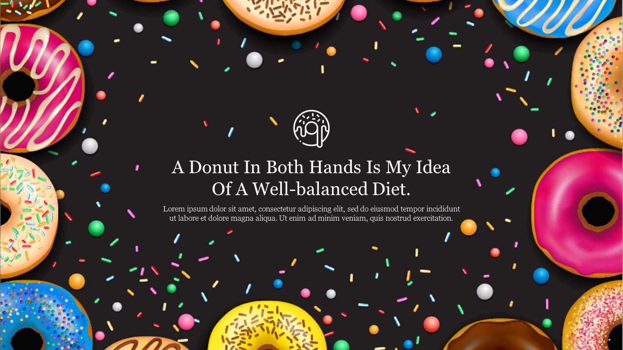 Colorful donuts with various toppings arranged with a quote and caption area around a black background.