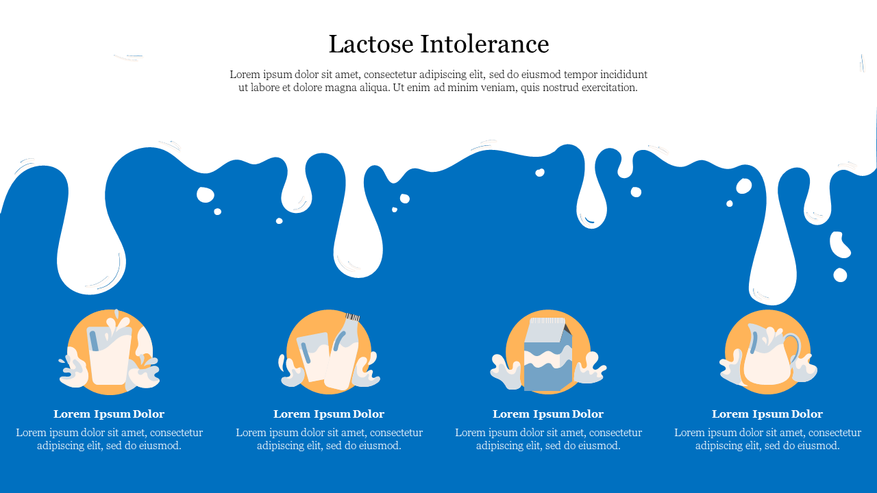 Slide on lactose intolerance featuring a blue background with milk splashes and icons of drinks with placeholder text.