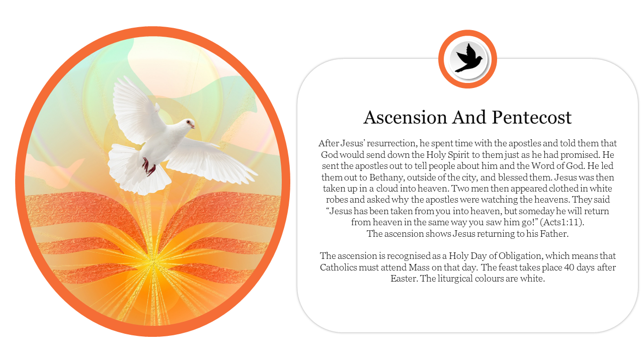 Dove illustration in a circular frame with glowing orange rays, next to a text box discussing ascension and pentecost.