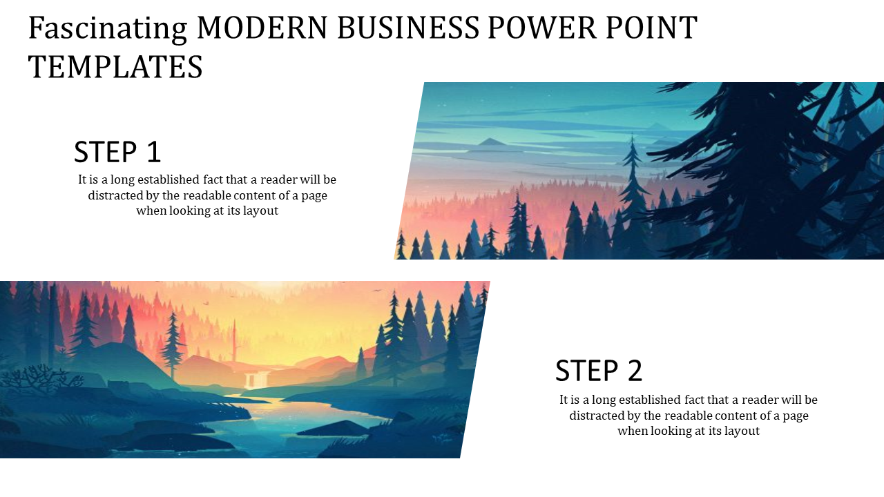 Modern business PowerPoint template with scenic landscapes, illustrating steps for presentation layout with placeholder text.