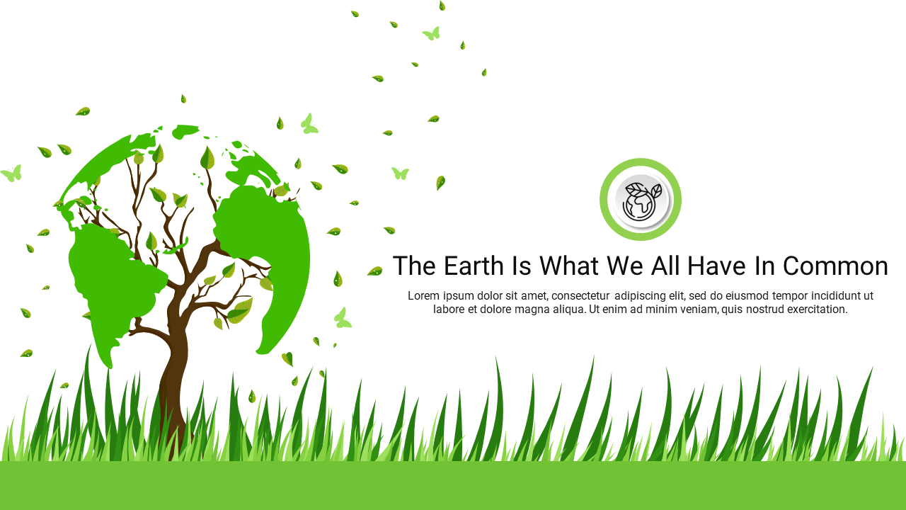 Environmental themed slide with an illustration of a green Earth merging with a tree, symbolizing nature and sustainability.