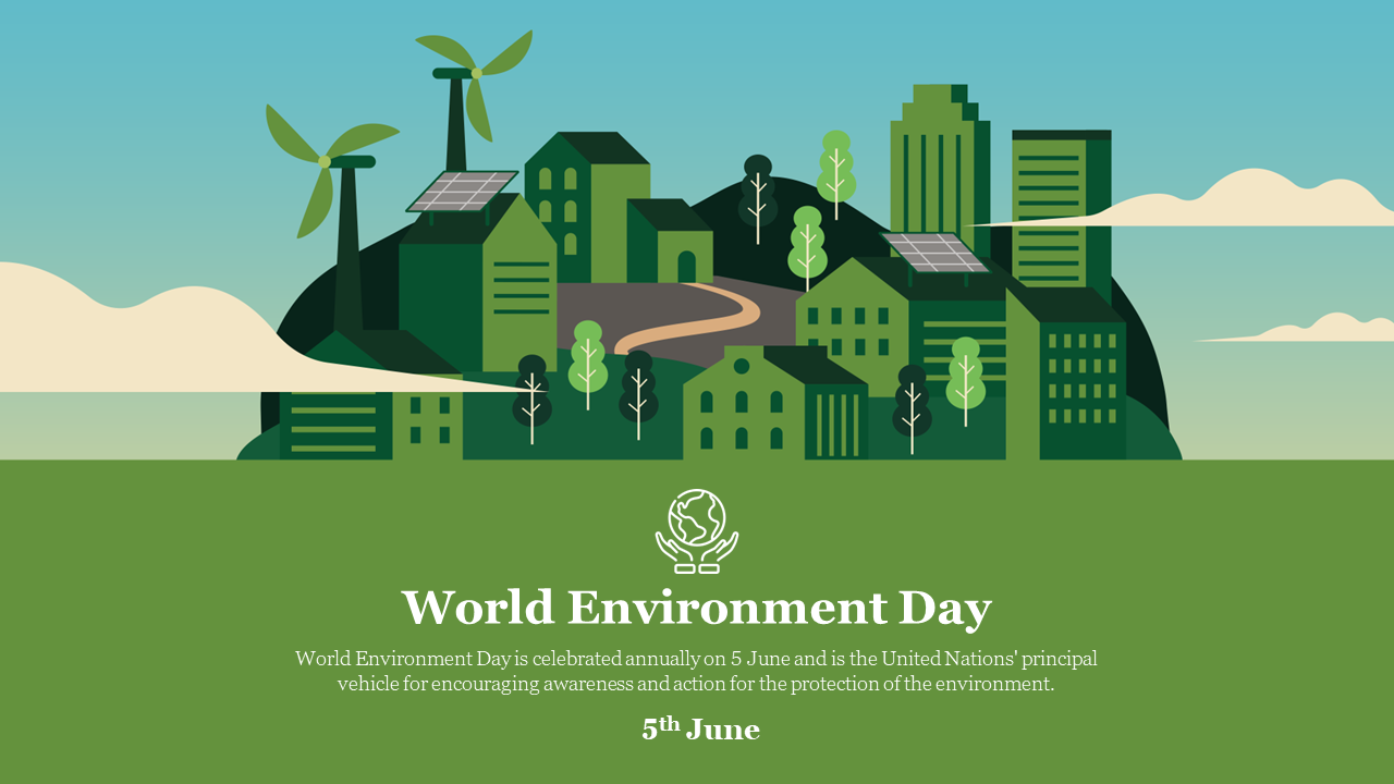 Eco friendly city illustration with trees, wind turbines, and solar panels, promoting World Environment Day on June 5th.