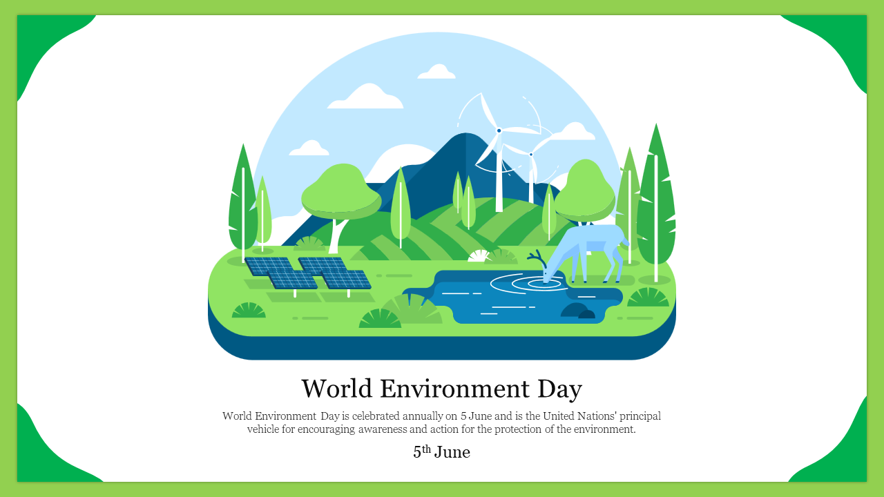 Nature scene with mountains, renewable energy elements, and a deer by a pond, promoting world environment Day.