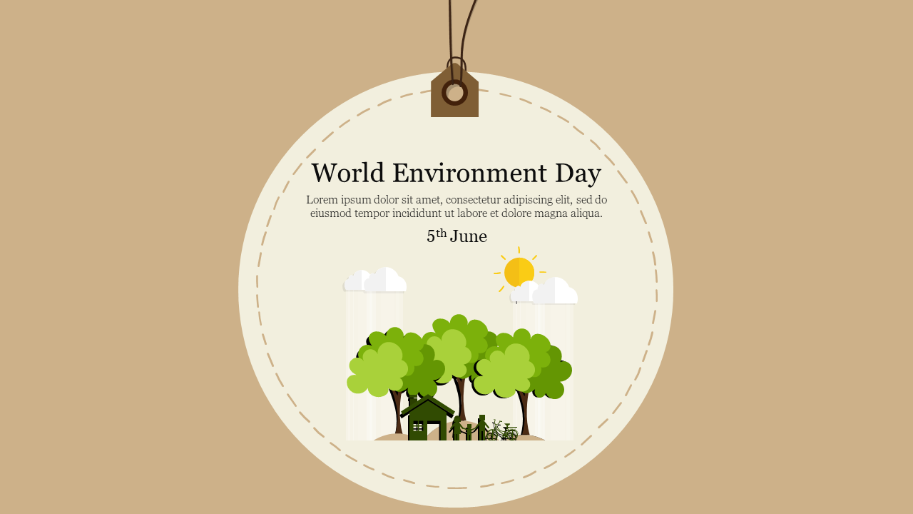 A circular tag with trees, a small house, a sun and clouds above, on a beige background, celebrating world environment day.