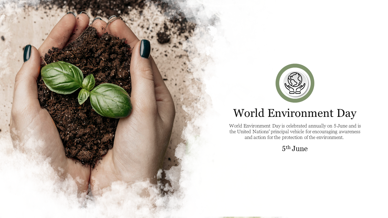 Celebrating World Environment Day with a close up of hands nurturing a plant on a white backdrop.