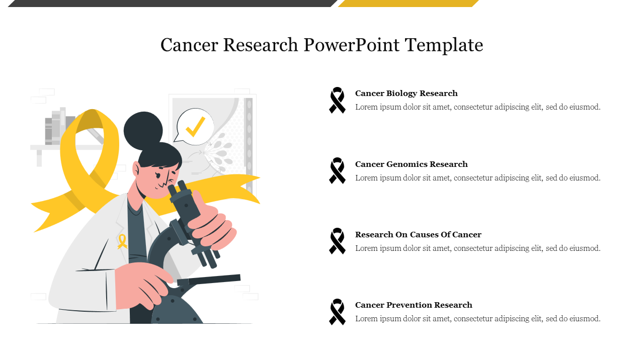 Cancer research, featuring a microscope illustration with a yellow ribbon and listed topics and causes of cancer.