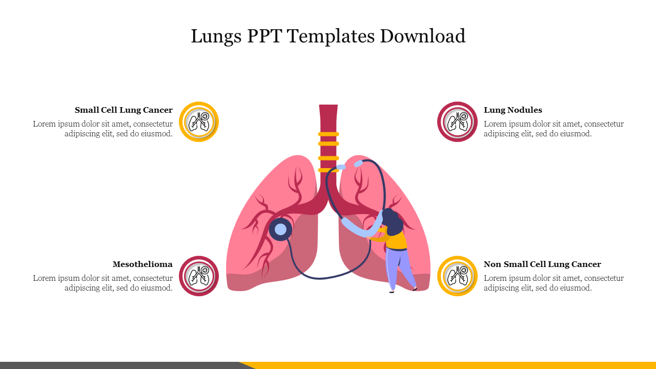 Medical infographic slide highlighting various lung conditions with icons and placeholder text.