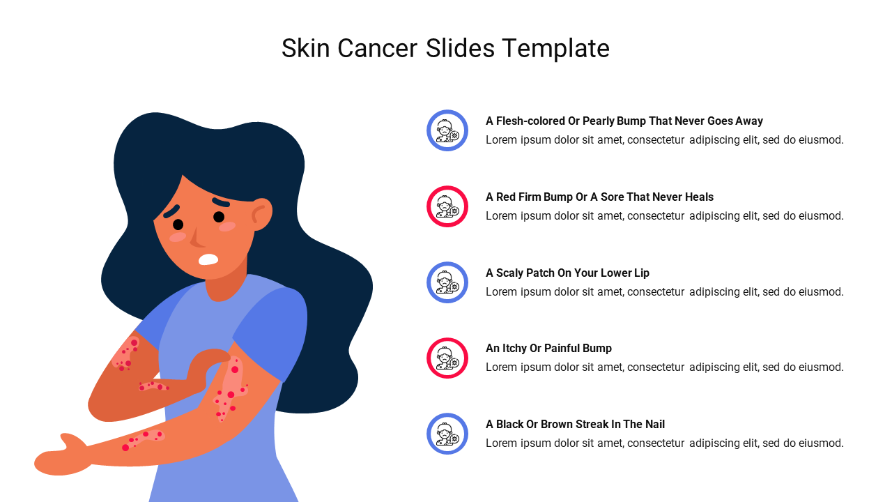 Illustration of a worried woman with skin irritation, alongside a list of symptoms related to skin cancer.