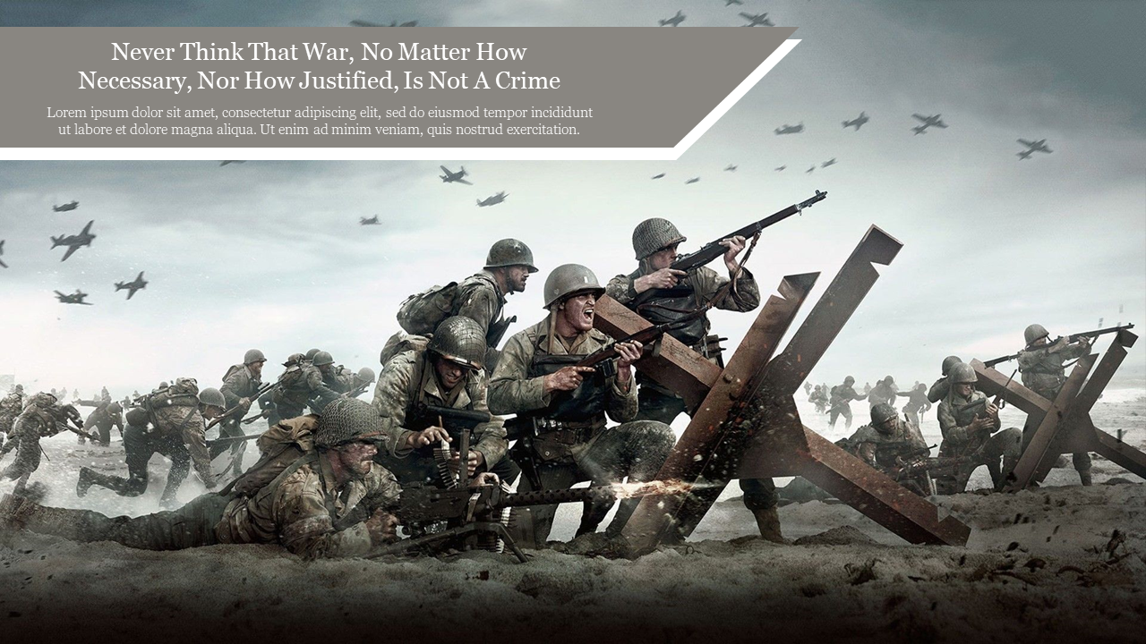 Slide featuring a dramatic world war scene with soldiers advancing on a beach under heavy fire, with a quote and text area.