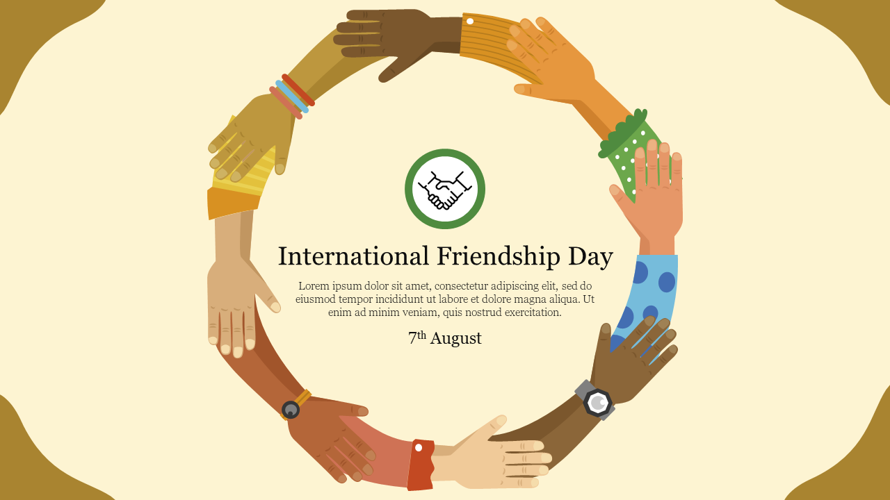 Illustration of various hands, symbolizing unity, forming a circle around a friendship icon and event details.