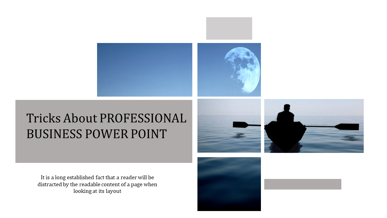 Professional business PowerPoint template with split images of the sky, moon, and a rowboat with placeholder text.