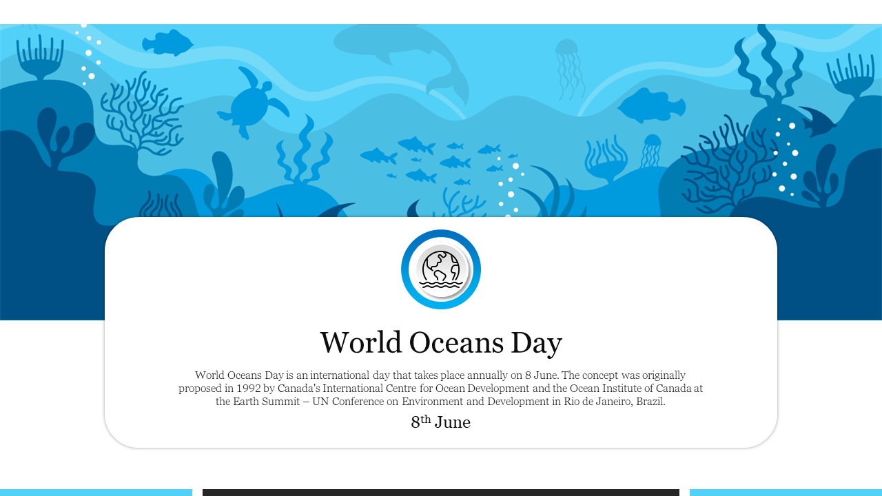 World oceans day slide with underwater scene background, featuring marine life silhouettes and a central text box.