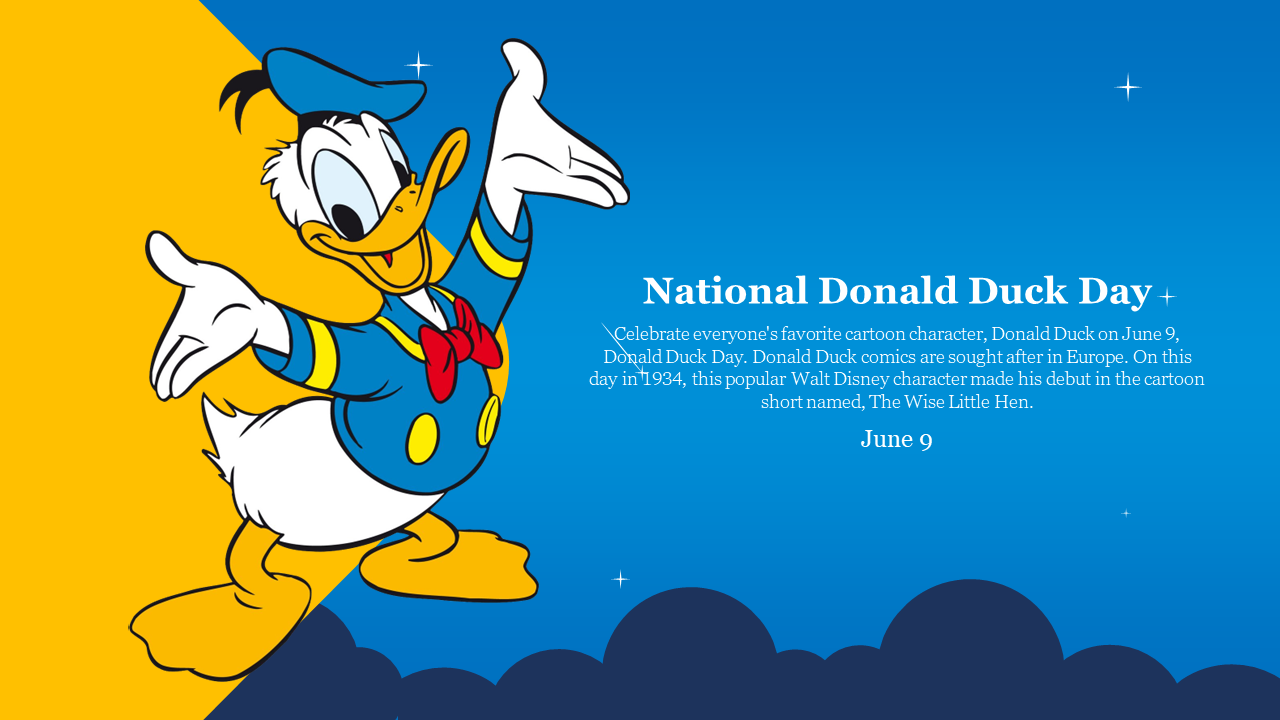 Donald duck in a sailor suit, arms open wide, with text on a bright blue and yellow background.