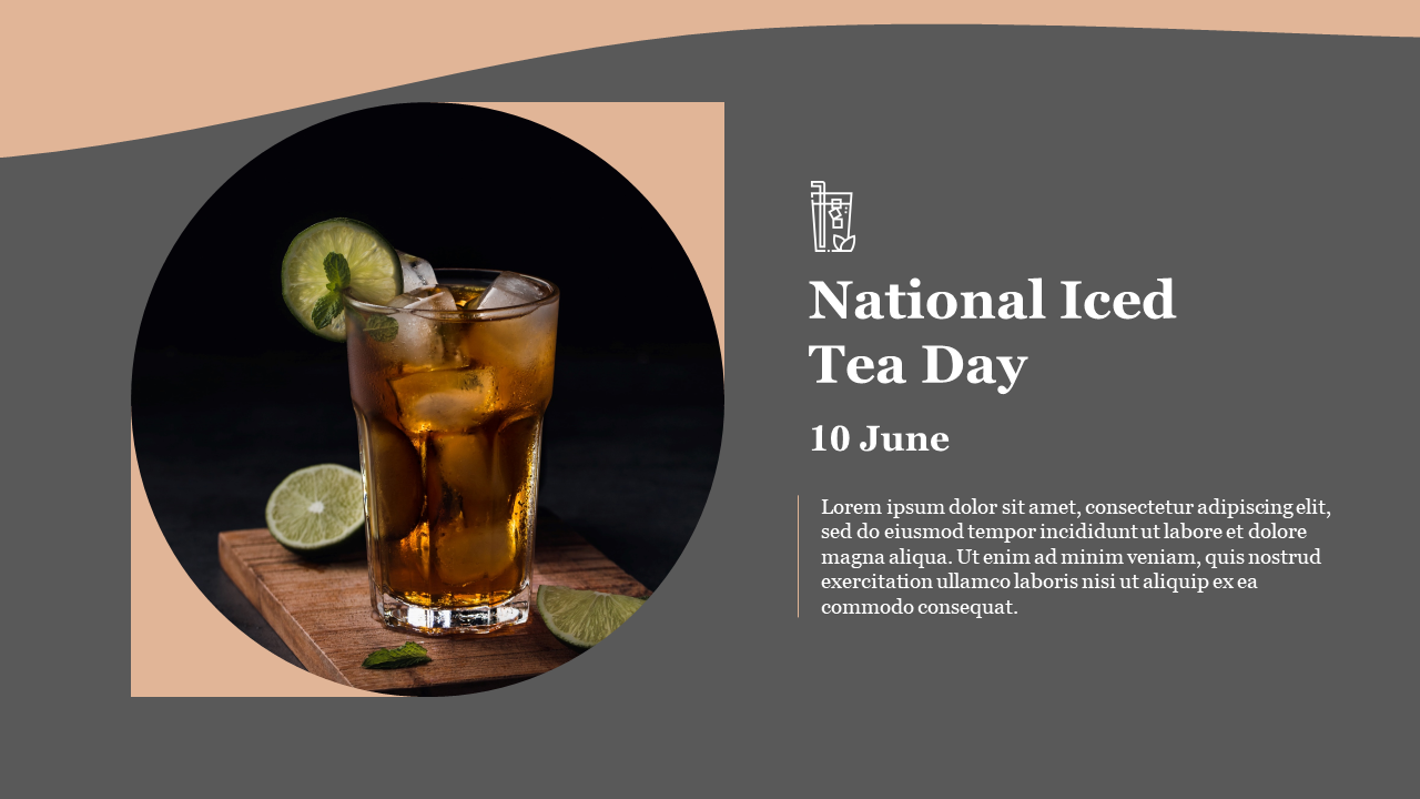 Circular image of iced tea with lime on a wooden board, next to text details on a gray background.