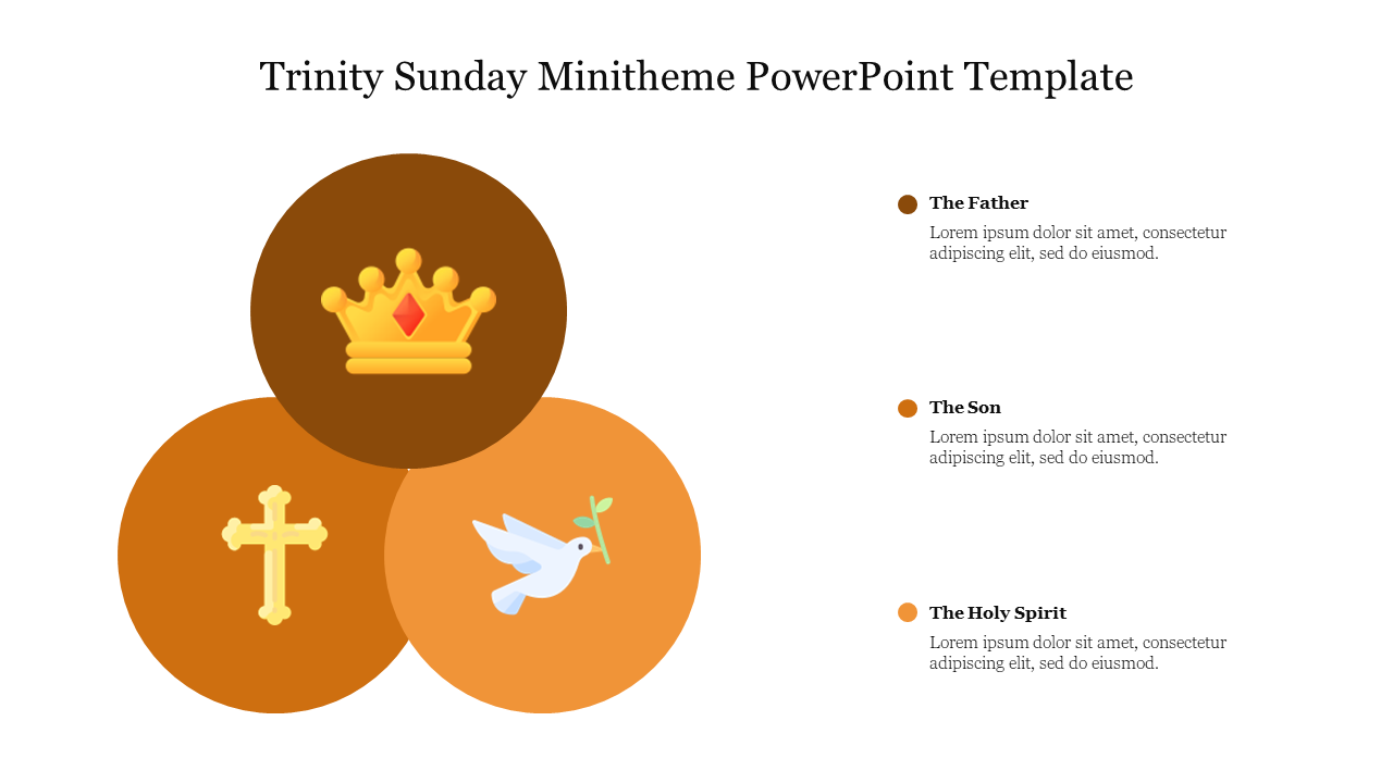 Trinity sunday slide featuring three colored icons representing the father, son, and holy spirit, with text descriptions.