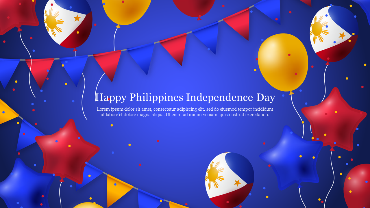 Independence day celebration featuring Philippine flag-themed balloons and star decorations, with festive bunting.