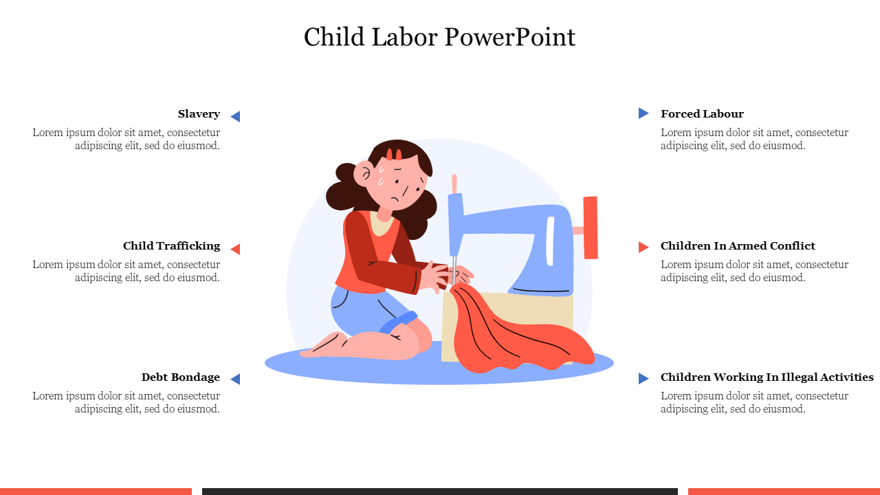 Slide highlighting issues of child labor with an illustration of a child working at a sewing machine with placeholder text.