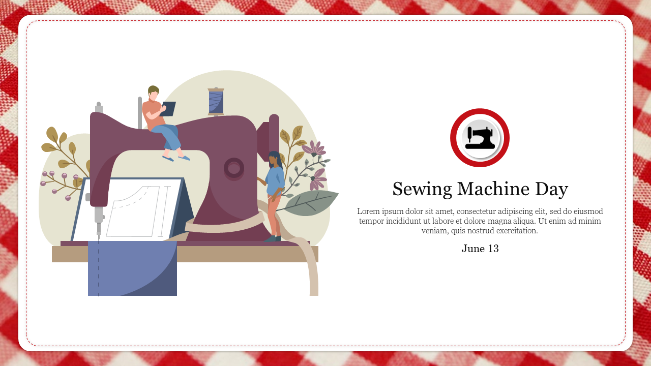 Large sewing machine illustration with one person on top and another holding fabric, framed by flowers.