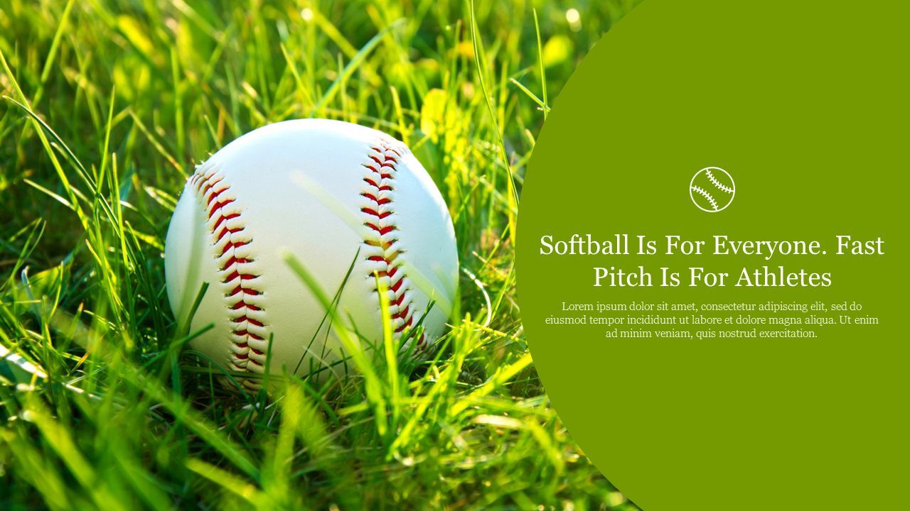 Close up of a softball resting on the grass with the text on a green background.