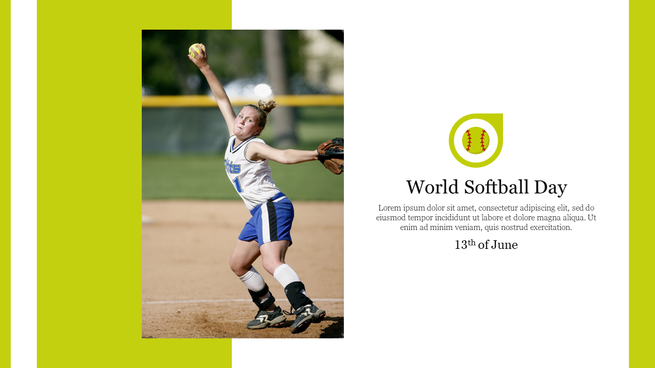 A softball player in action, with green borders and a circular icon with text on a white background.