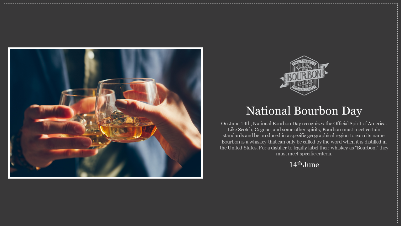 National bourbon day featuring a photo of hands holding bourbon glasses and text detailing the celebration on June 14th.