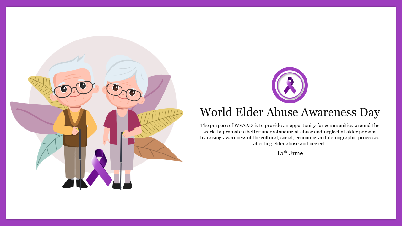 Illustration of an elderly couple with a purple ribbon, and information about World elder abuse awareness day.