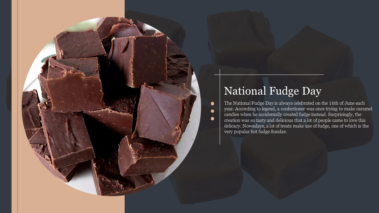 Chocolate chunks in a circular frame, paired with National fudge day text on a dark background.