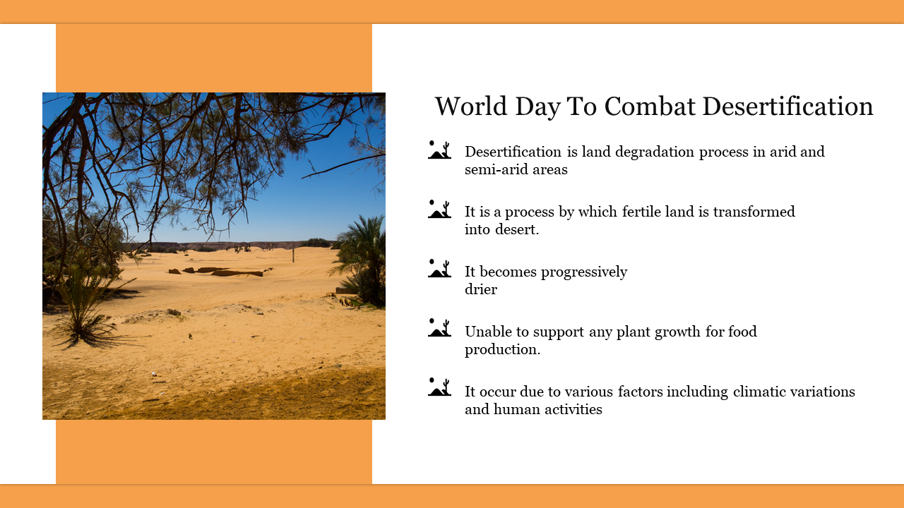 A photo of a dry, desert area and bullet points explaining desertification and its impact on arid and semi-arid regions.