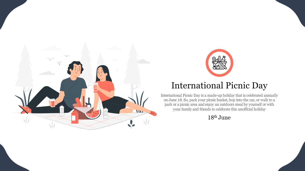 An illustration of a couple having a picnic on a mat with trees and a light gray background, framed by navy curved edges.