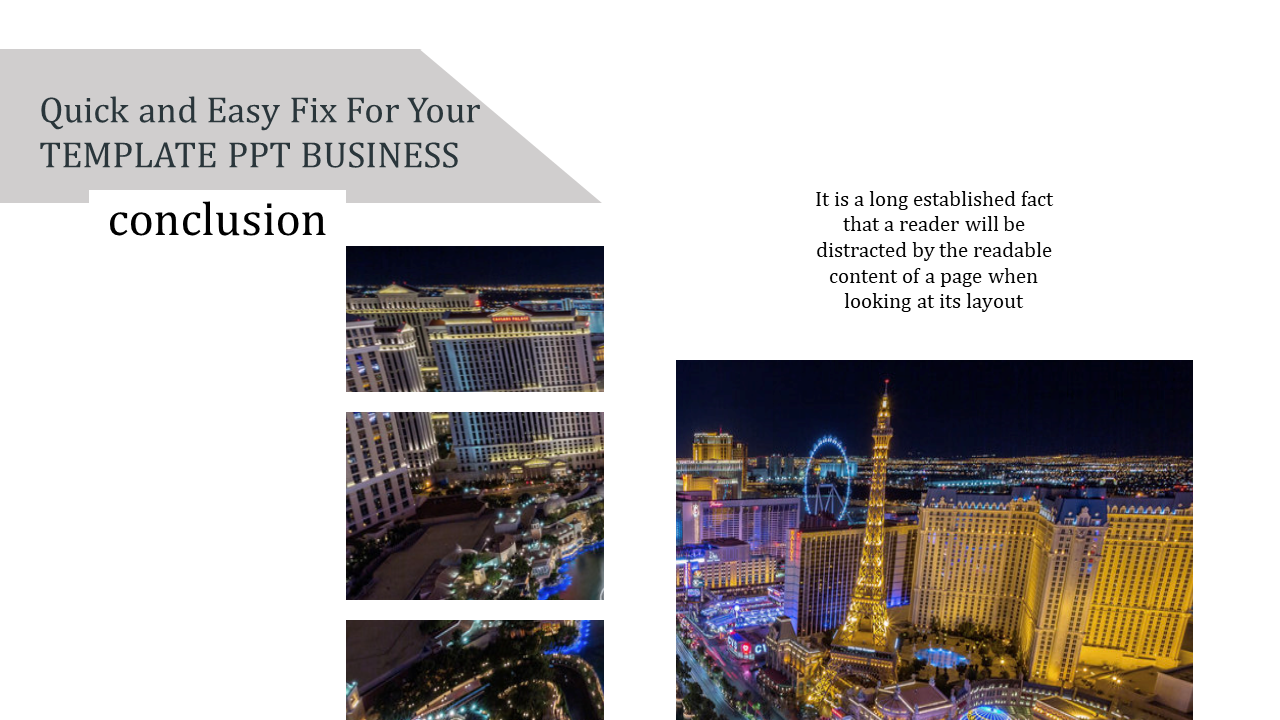 Business PowerPoint slide with multiple cityscape images and a conclusion heading with placeholder text.