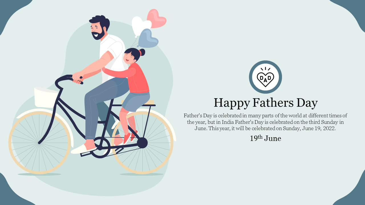 Illustration of a father and child riding a bicycle together, with fathers day message, dated on Jone 19.