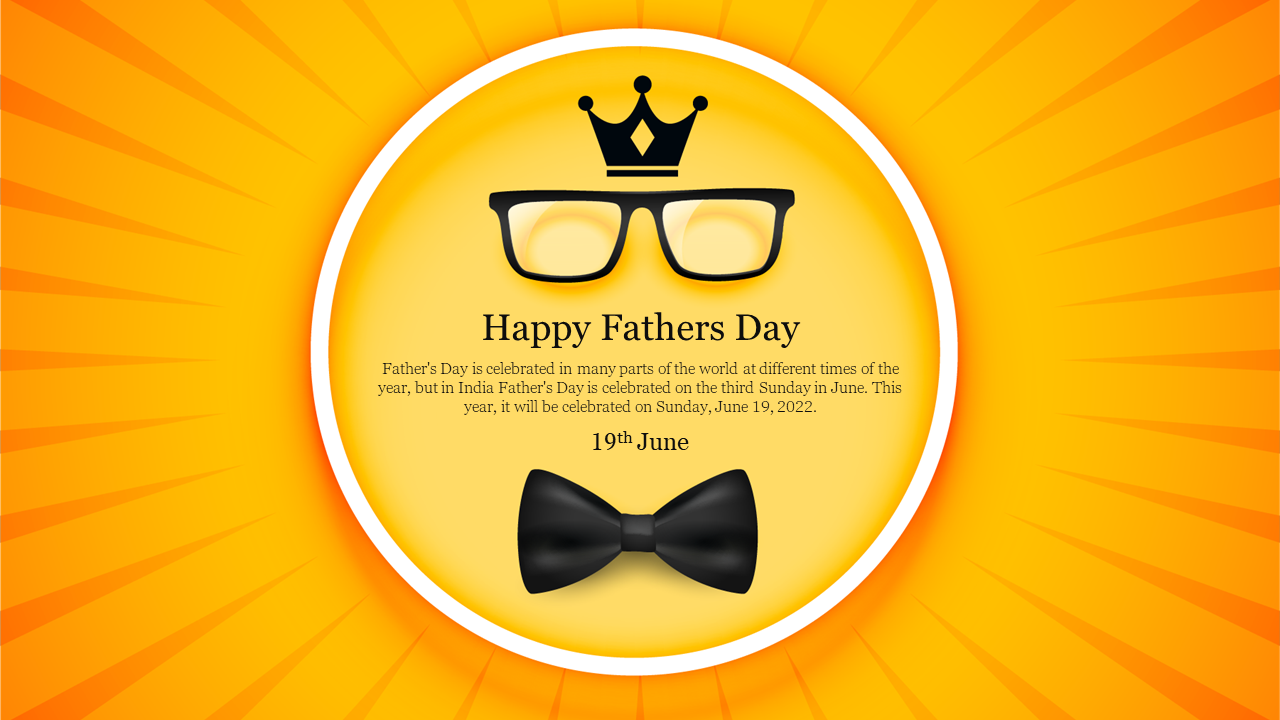 Father's day themed image featuring a black crown, glasses, and a bowtie inside a yellow circle, with an orange background.