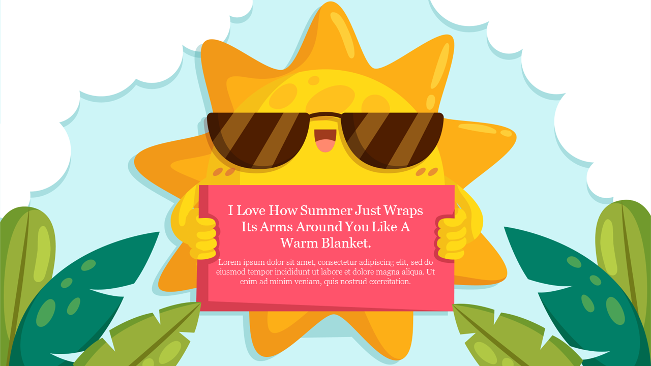 Summer Google Slides theme featuring a sun with sunglasses holding a sign, with tropical leaves framing the background.