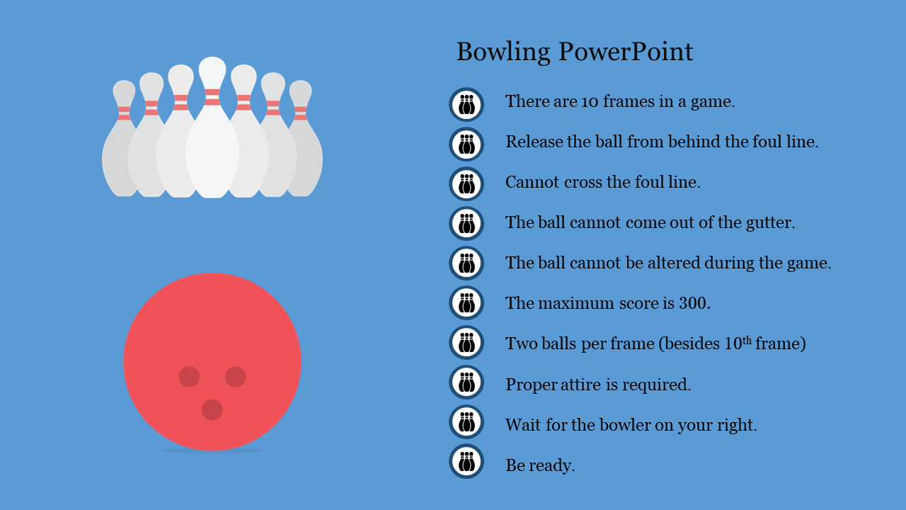 Illustration of a bowling ball and pins on a blue background with a list of rules, each marked by a bowling pin icon.