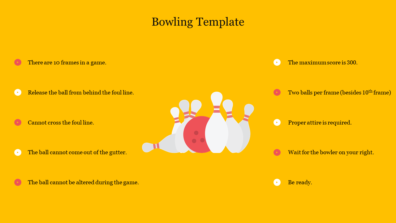 Bowling pins and red ball graphic centered on a yellow slide, surrounded by bullet points listing key bowling rules and tips.