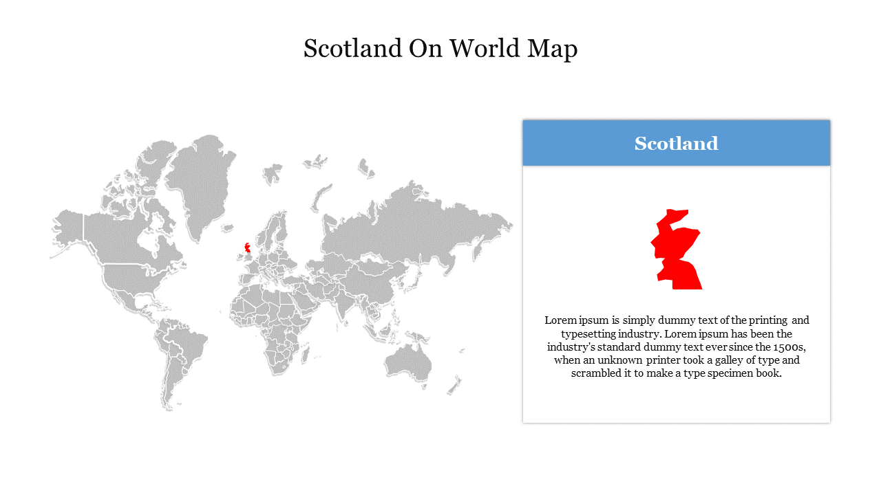 World map with Scotland highlighted in red and a description box providing additional details.