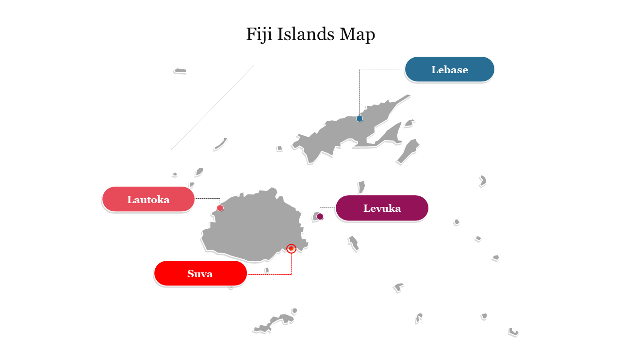 Map of fiji islands highlighting key locations lautoka, suva, levuka, and lebase with colorful labels.