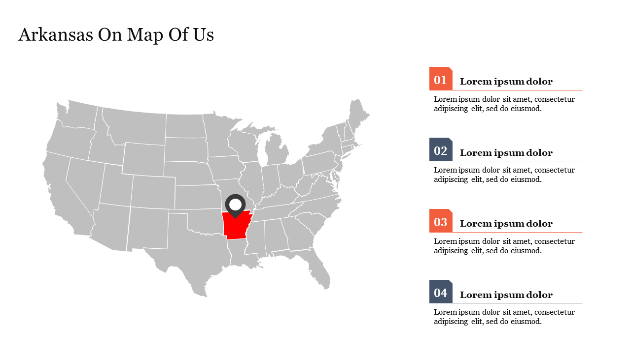 U.S. map with Arkansas marked in red and a location pin and four color-coded text sections with placeholder text.