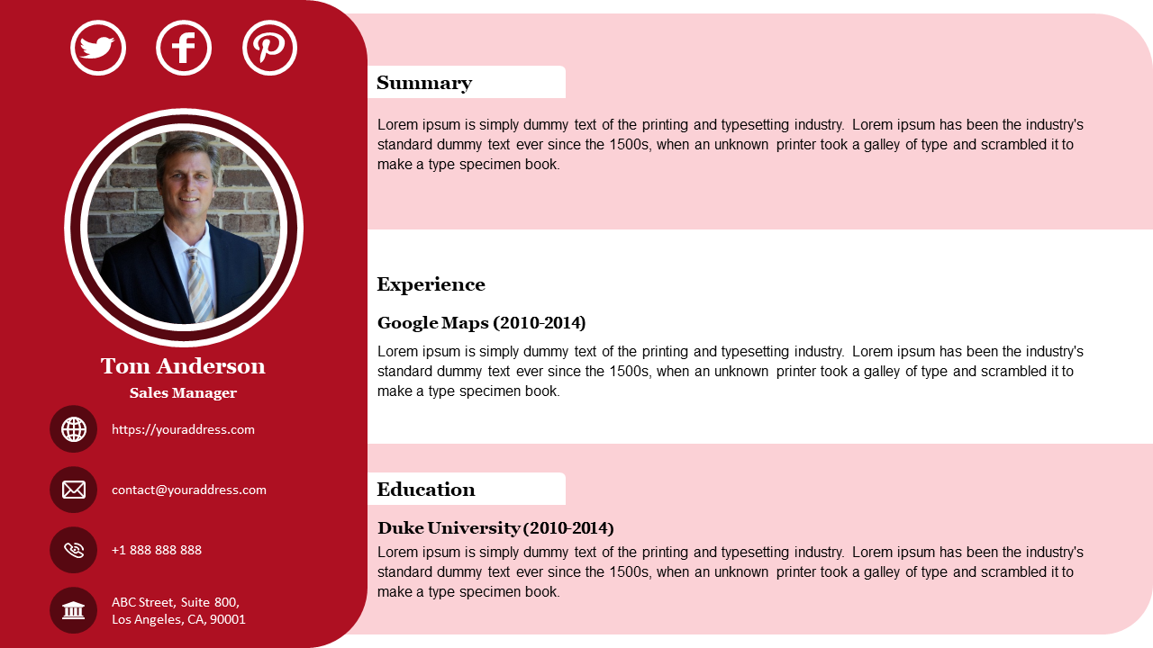 Resume design with a pink and red color scheme, including a professional photo and sections for work and educational history.