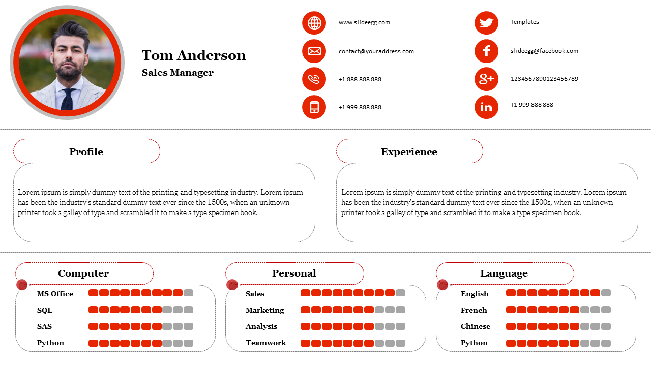 A professional resume slide featuring contact details, profile, experience, skills, and languages for Tom Anderson with text.