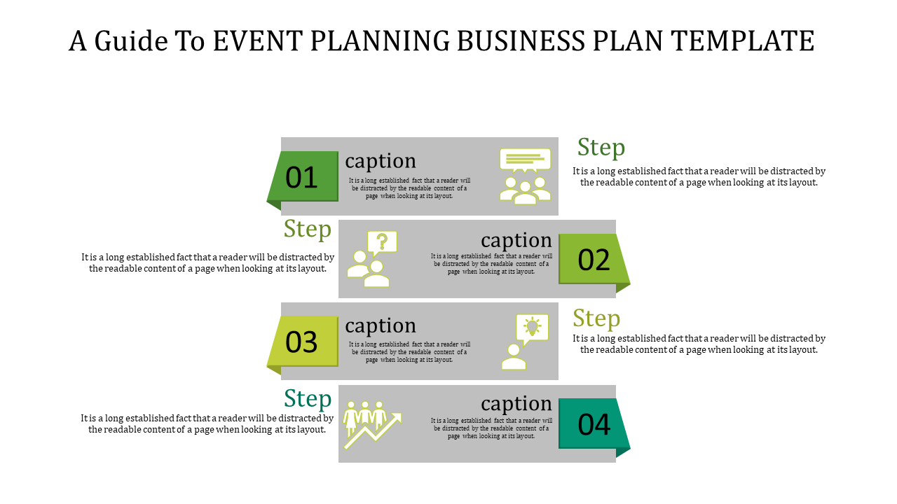 Event planning business plan template with four steps in green and gray blocks, each containing captions and icons.