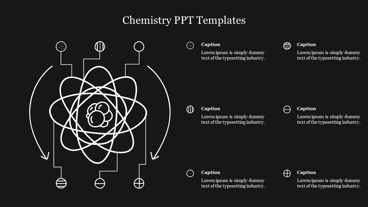 Chemistry slide featuring a central atom graphic with orbiting electrons on a black background, with placeholder text.