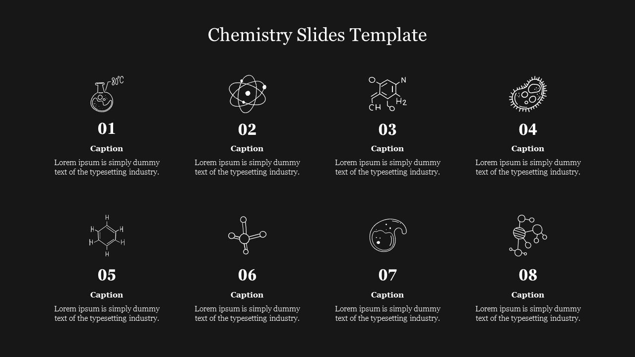 Chemistry themed slide with eight numbered white icons, including molecules and lab equipment, arranged on a black backdrop.