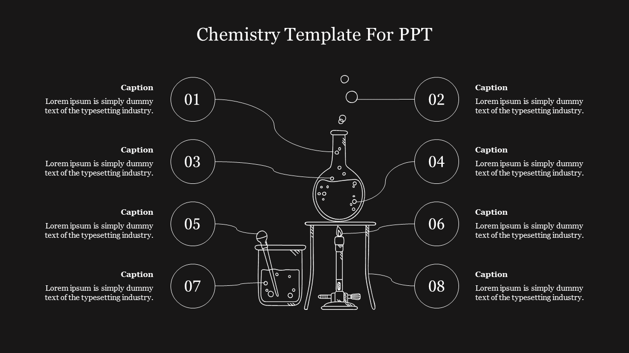 Central chemistry lab flask and beaker illustration with eight surrounding numbered placeholders.