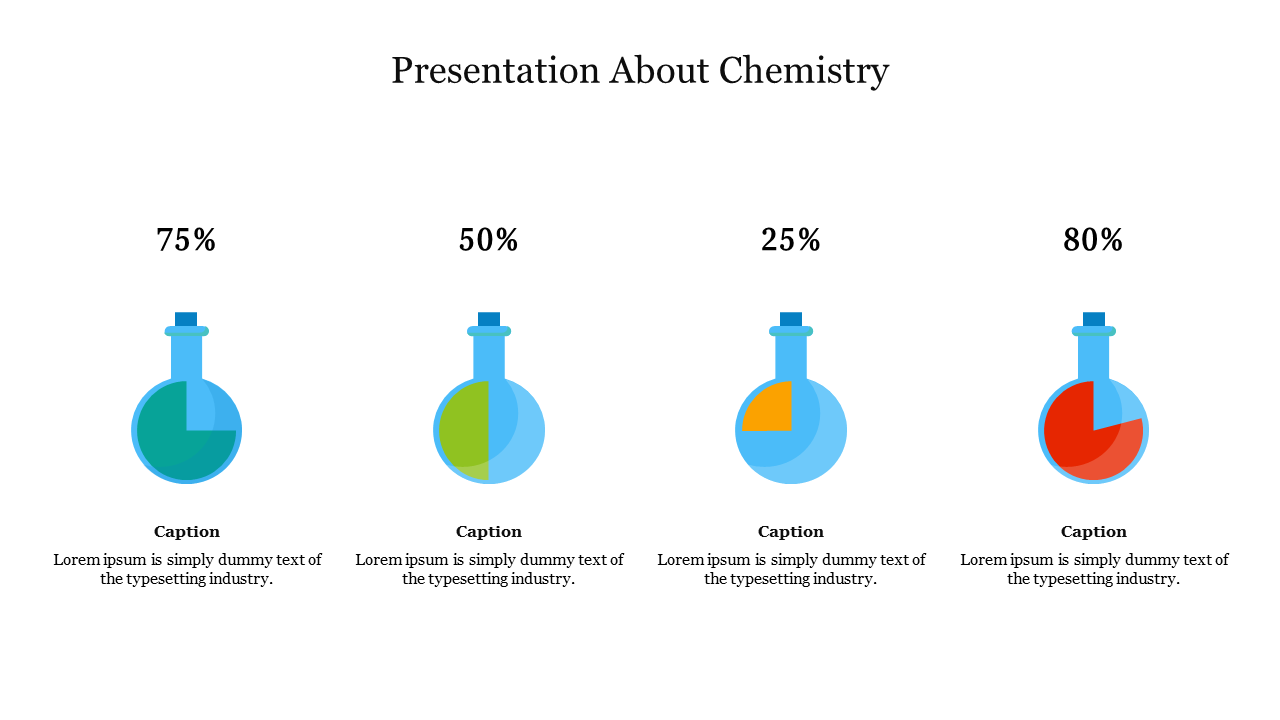 Chemistry lab flask graphics representing proportions with captions areas and percentage labels placed in a white backdrop.