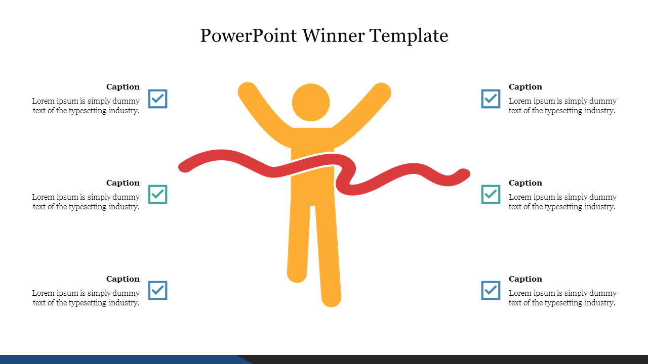 Winner PPT slide with a person crossing a finish line, representing success and achievement with captions.