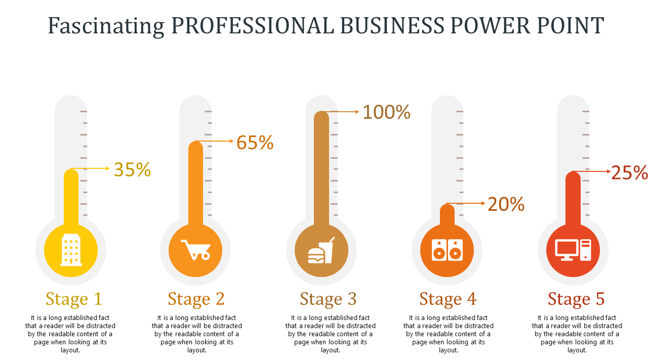 Professional business PPT slide with thermometers indicating progress stages from 25 to 100 percent with various icons.