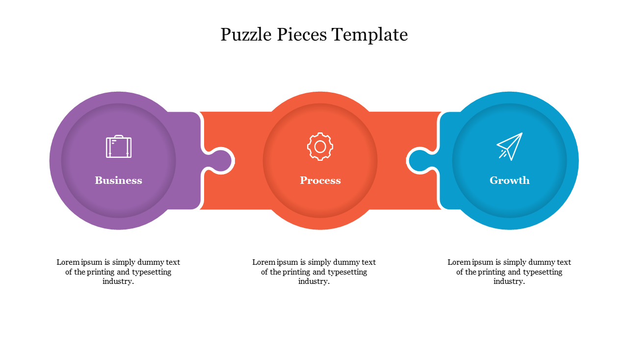 Colorful circular puzzle pieces in purple, orange, and blue, representing business, process, and growth with matching icons.