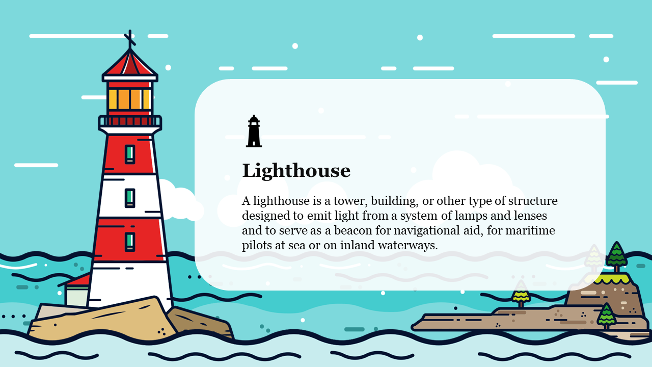 Colorful illustration of a lighthouse with a description, explaining its purpose as a navigational aid for maritime pilots.