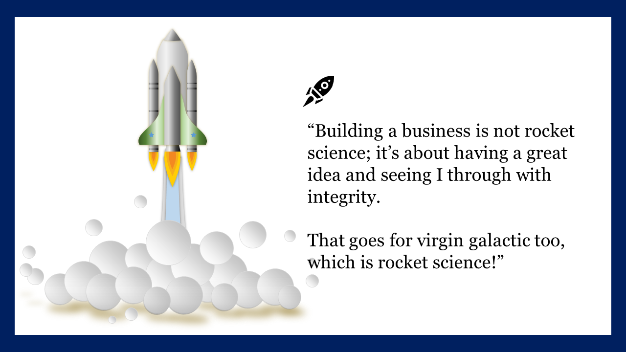 An illustration of a rocket launching with a business quote about integrity and success with a blue border.